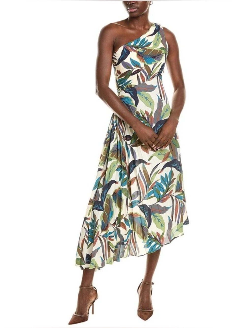 Nicole Miller Keyhole Pleated One-Shoulder Midi Dress size 16